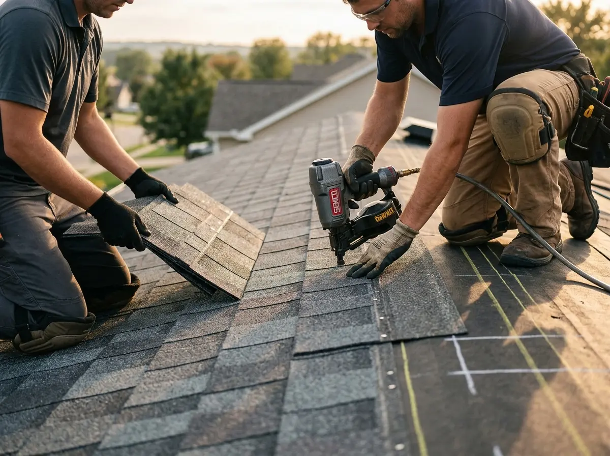 Professional roofer working on a residential roof in Battlefield